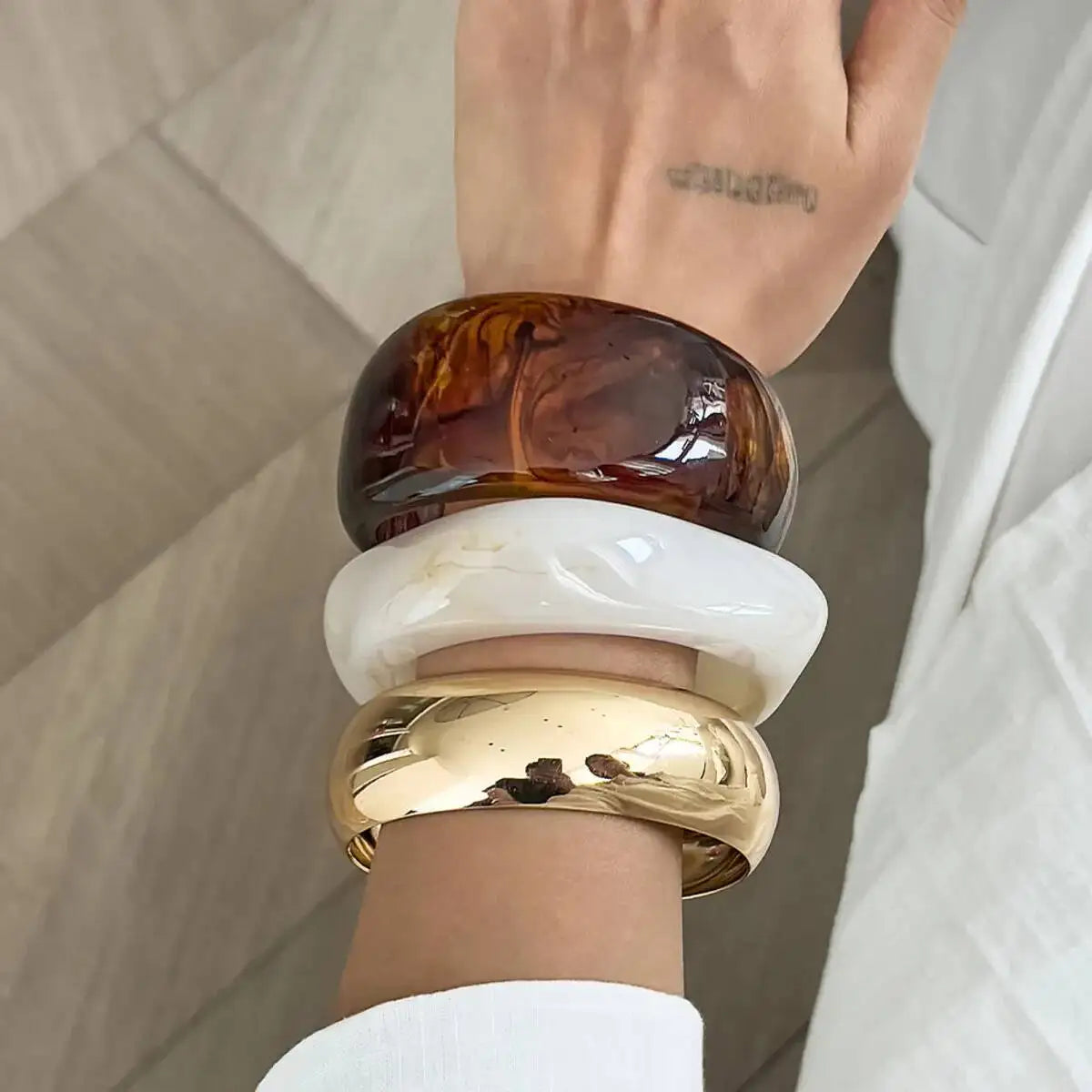 IngeSight.Z 3 Styles Trendy Exaggerated Resin Wide Bangles for Women Punk Gold Color Geometric Heavy Metal Bracelets Men Jewelry