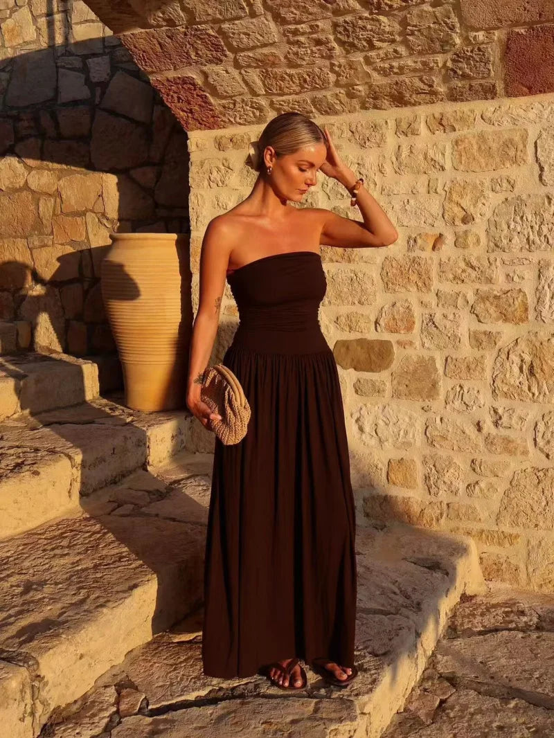ETJ 2025  women's new dress elegant sexy off-shoulder fashion pleats details slimming strapless dress