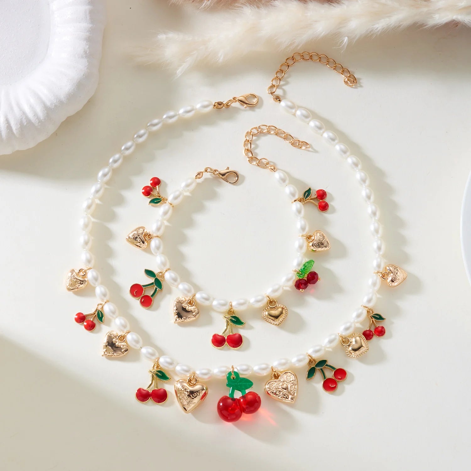 Dainty Sweet Fruit Cherry Heart Charms Pendant Necklace For Women Elegant Imitation Pearl Choker Neck Chain Jewelry Party Gift