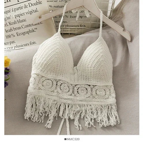 2025 Crop Tops Retro Wild Hollow Perspective Tassel Sexy Spaghetti Strap Tanke Top Women Built In Bra New Back Lace Halter Neck