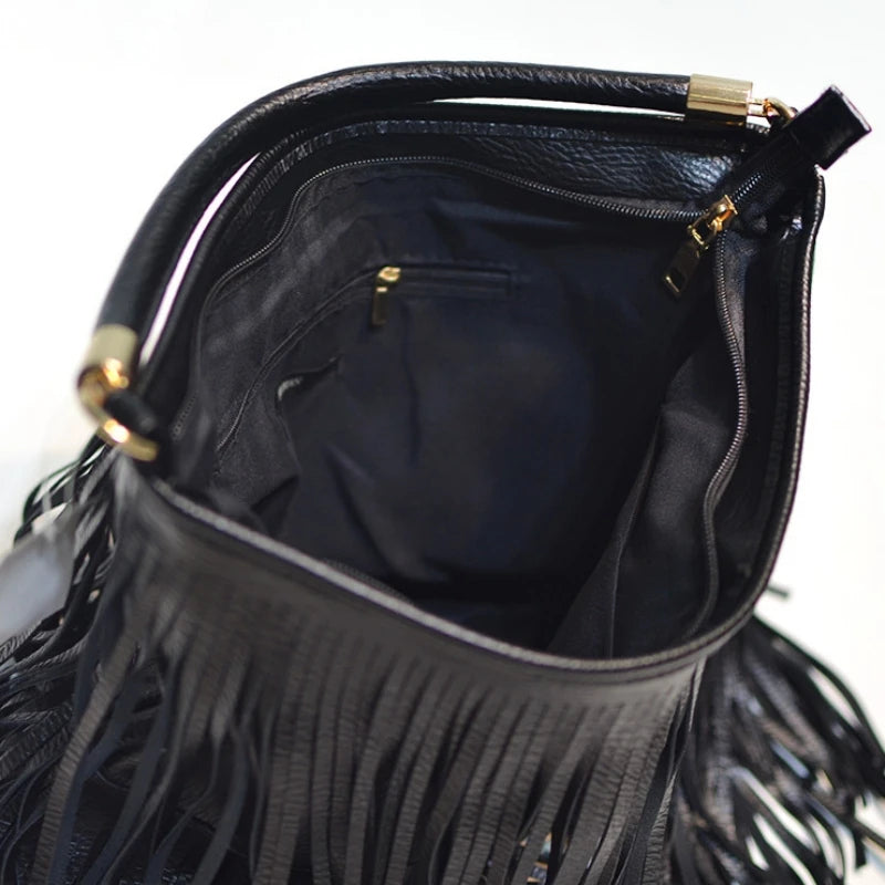 Boho Style Tassels Crossbody Bag for Women 2025 Large Capacity Casual Fringes Shoulder Bag  Zipper Large Capacity Soft Leather