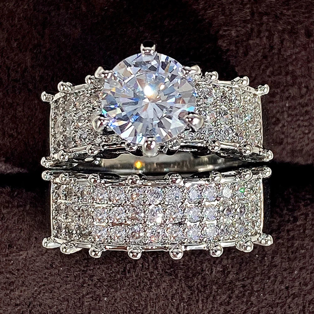 Huitan Set Lady Rings Luxury Wedding Engagement Party Finger Accessories Inlaid Shining Cubic Zirconia Graceful Fashion Jewelry