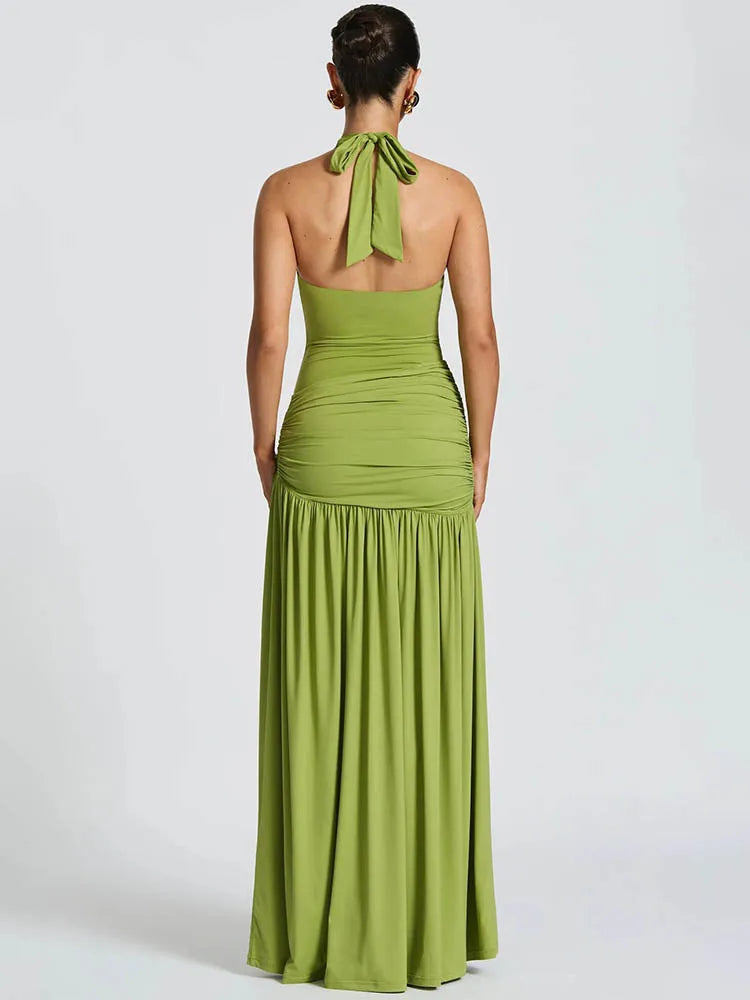 Mozision Elegant Backless Sexy Maxi Dress Set Women Halter Bodysuit And Maxi Skirt Matching Set Female Ruched Split Dress Sets