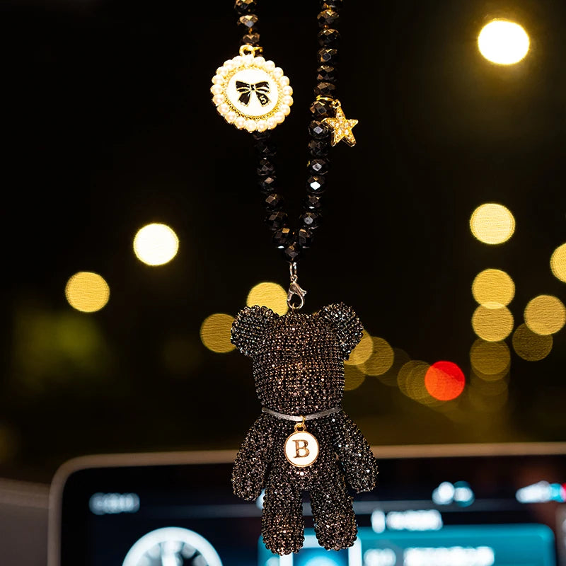 Cartoon Bear Bow Crystal Diamond Car Pendant Mirror Hanging Ornaments Bling Auto Interior Decoration for Men Women