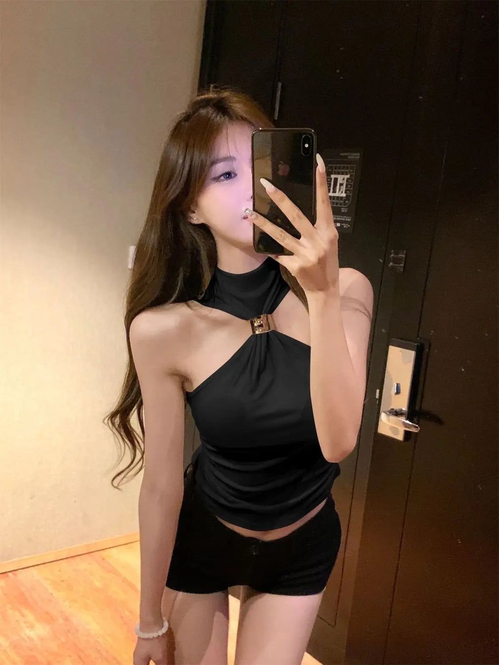 Hot Girl Design Metal Buckle Halter High Neck Vest Women's New Sexy Sleeveless Top