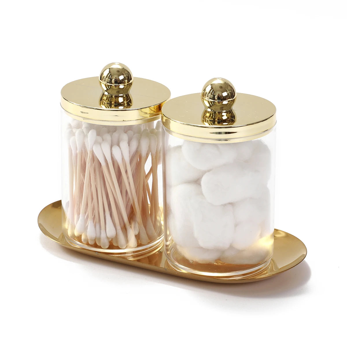 2/3 Pack Qtip Holder Bathroom Set with Golden Tray Organizer Acrylic Plastic Apothecary Jars Qtip Dispenser Canister with Lid