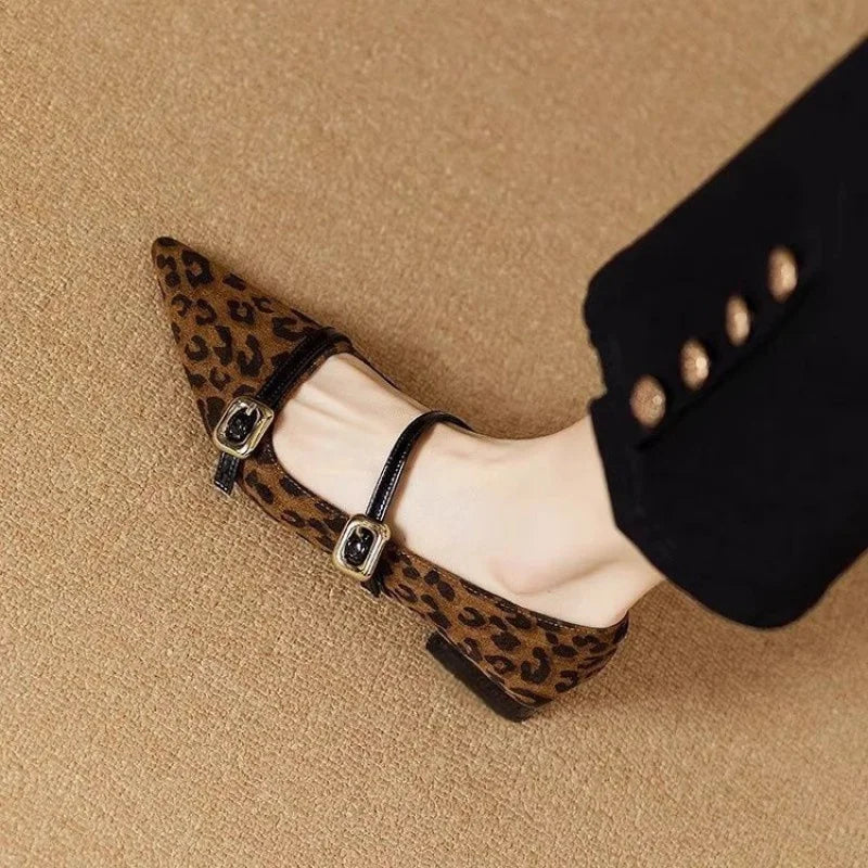 2025 Fall New French Pointed-Toe Leopard Print Mary Janes - Elegant Stylish Commuter Flat Shoes with Single Buckle