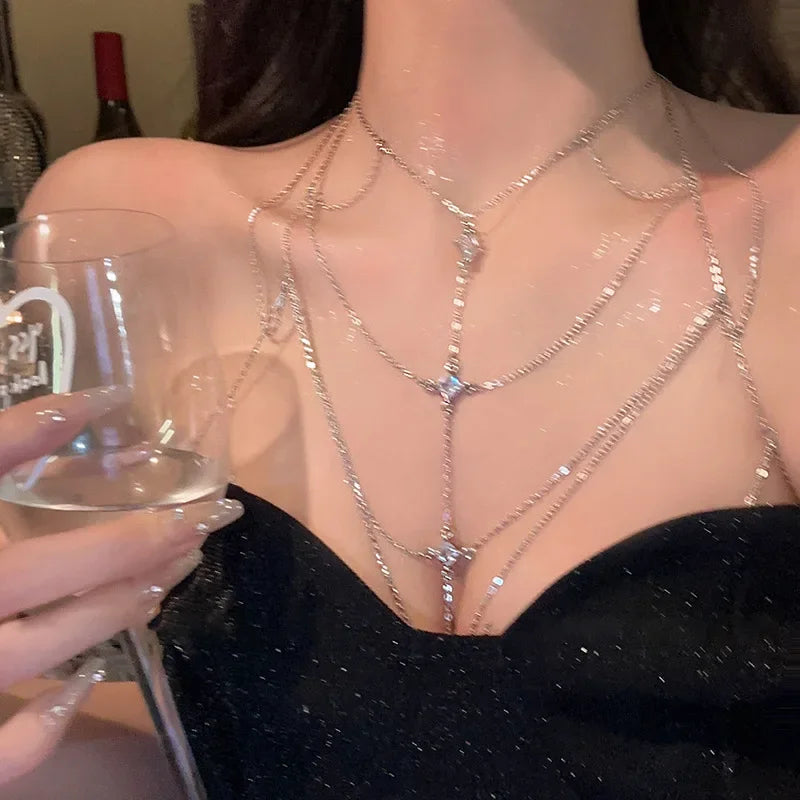 Luxury Square Crystal Chest Chain for Women Multilayer Silver Color Metal Beads Zircon Body Chain Sexy Beach Bikini Jewelry Gift