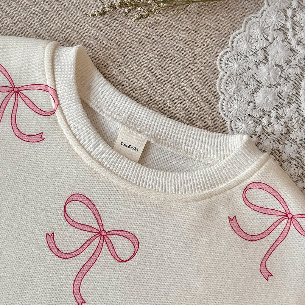 2PCS Spring Autumn New Comfortable Sweet Cute Bow Print Long Sleeves O-neck Pullover+Pant Baby Clothes for Newborn