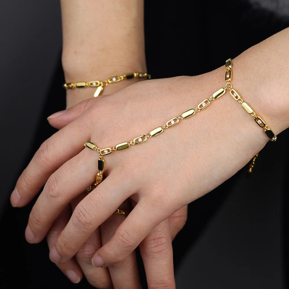 2025 New Micro Pave Clear CZ Tassel Hand Chain Bracelet Gold Color With Round CZ Station Double Chain Fashion Women Jewelry