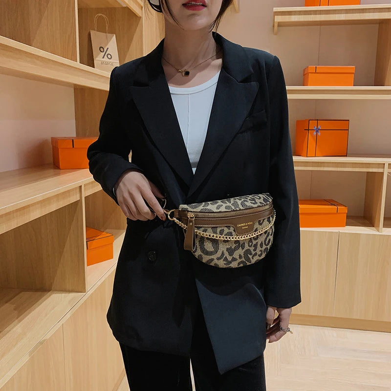 New Fashion Leopard Women Waist Bag Female Phone Purses Ladies Chest Wide Strap Crossbody Shoulder Bags Small Chain Fanny Packs