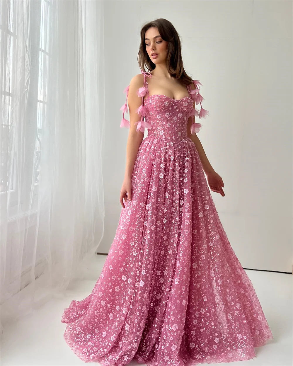 Cathy Customized Pink Spaghetti Strap Prom Dress Sleeveless A-line Evening Gown Floor-Length Appliques Lace Off-Shoulder