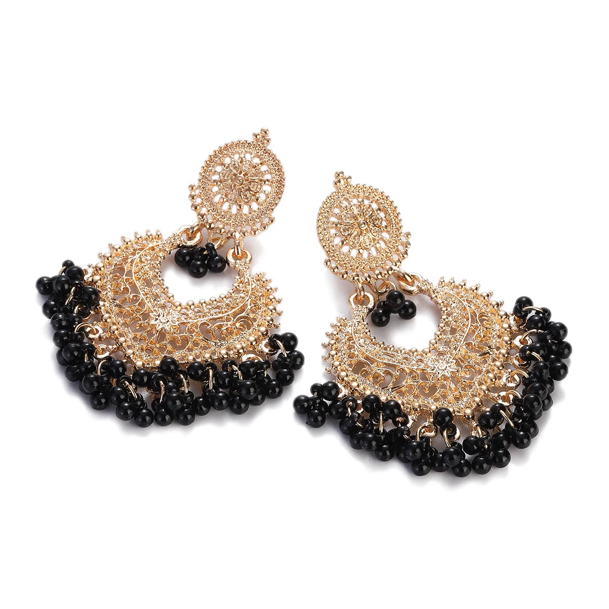 Boho Gold Color Heart Shape Carved Flower Dangle Earrings for Women Indian Jhumka Earrings