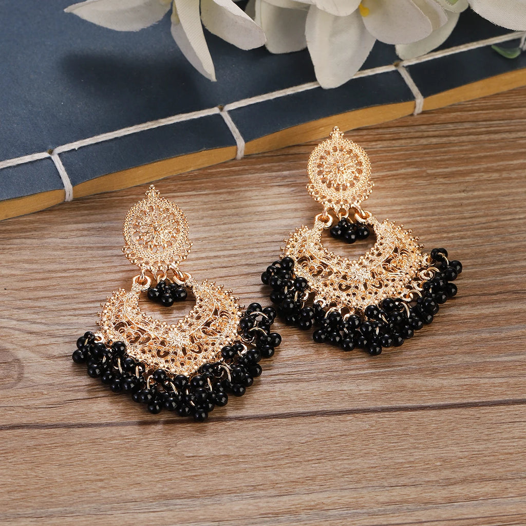 Boho Gold Color Heart Shape Carved Flower Dangle Earrings for Women Indian Jhumka Earrings