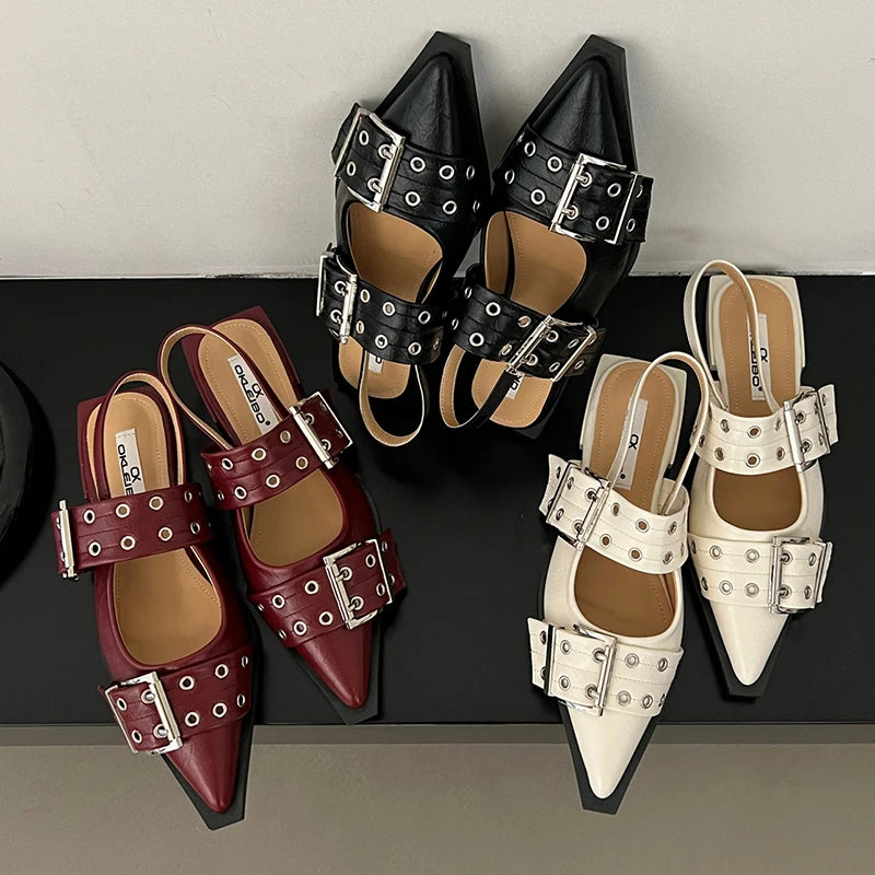 Women Flat With Shoes 2025 Designer Luxury Buckle Fashion Ladies Flats Shoes Slingback Pointed Toe Casual Female Sandals Mules