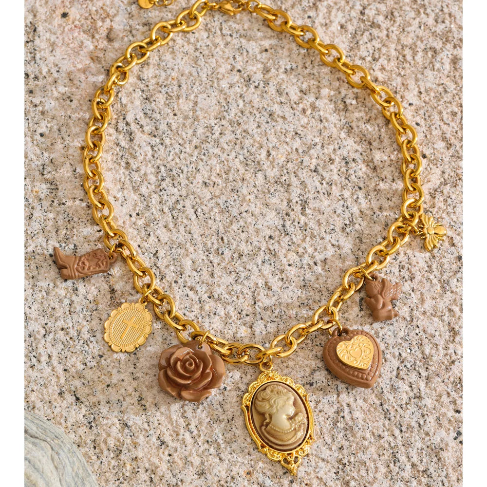 Yhpup New Arrivals Resin Flower Heart Portrait Drop Statement Necklace for Women 18K Golden PVD Plated Charm Exclusive Jewelry