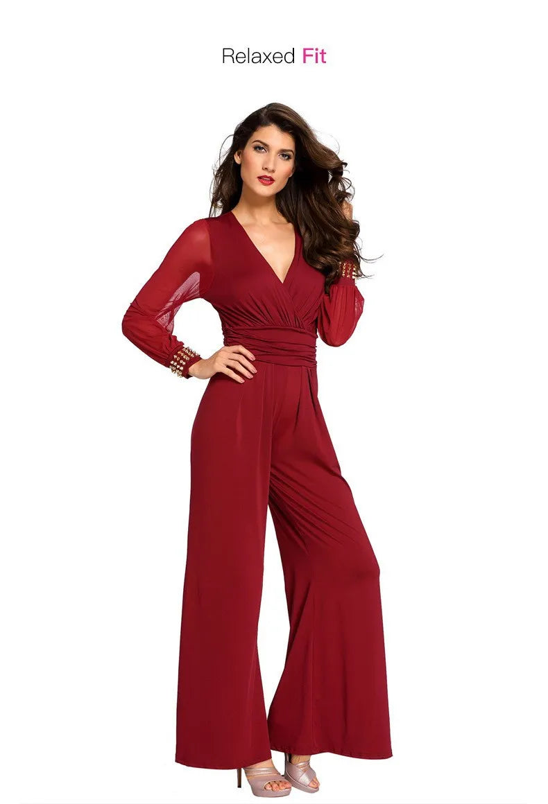Fashion Deep V-neck Long-sleeved Waist Jumpsuit For Women Elegant Solid Color Lace Lantern Sleeves Loose Casual Jumpsuit Female