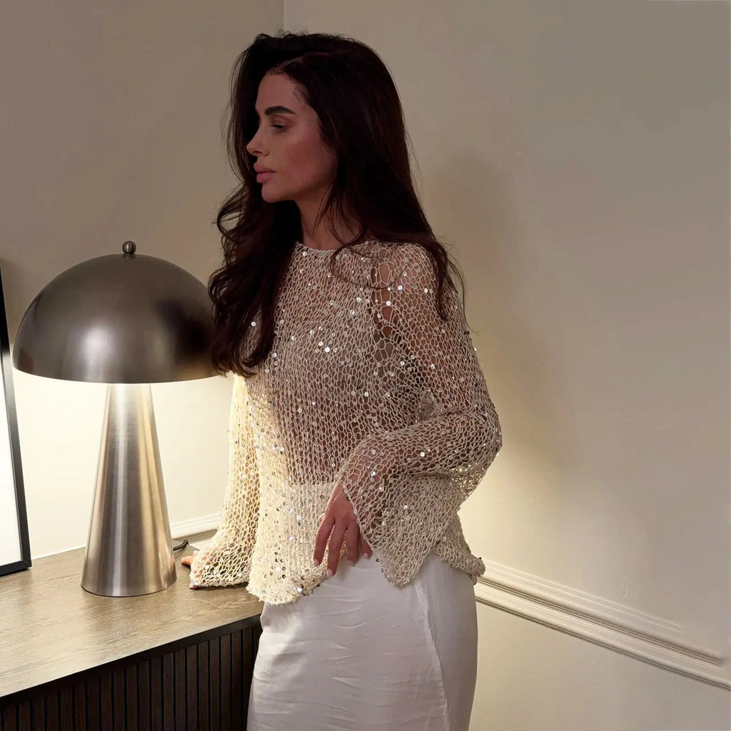 Sequined Knitting O-neck Pullover Women Elegant Hollow Out Design Long Sleeve 2025 Spring Evening Party Tops for Ladies