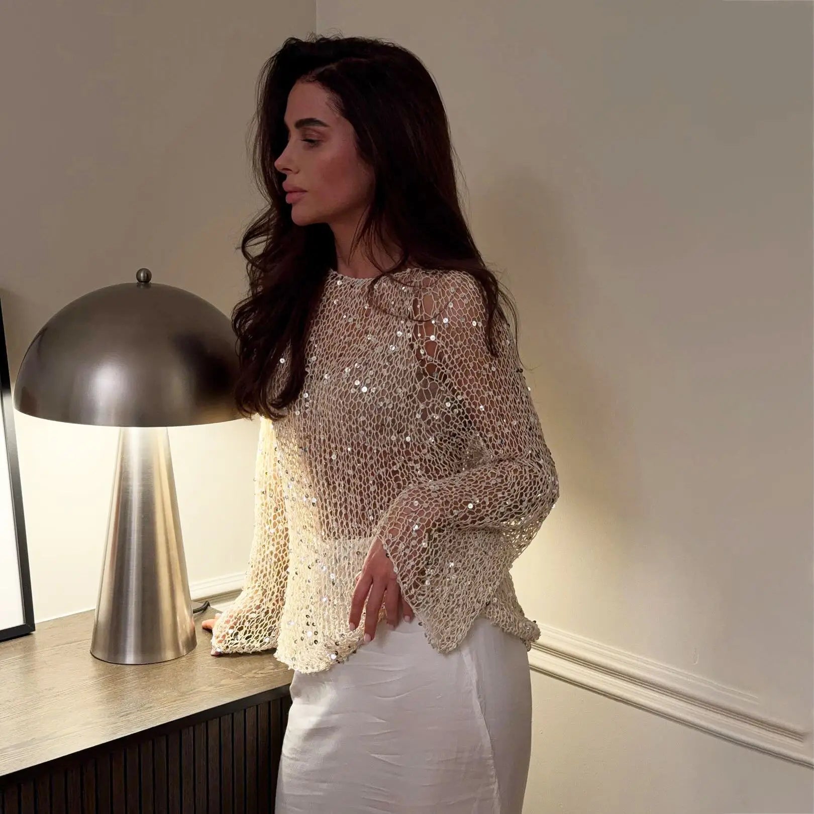 Sequined Knitting O-neck Pullover Women Elegant Hollow Out Design Long Sleeve 2025 Spring Evening Party Tops for Ladies
