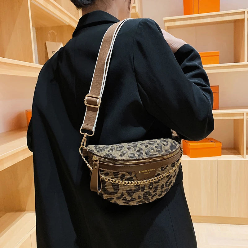 New Fashion Leopard Women Waist Bag Female Phone Purses Ladies Chest Wide Strap Crossbody Shoulder Bags Small Chain Fanny Packs