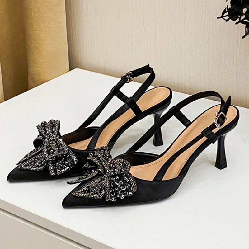 Aneikeh Pointed Toe Women Pumps Designer Crystal Butterfly-knot Elegant Slingbacks Buckle Strap High Heels Wedding Shoes