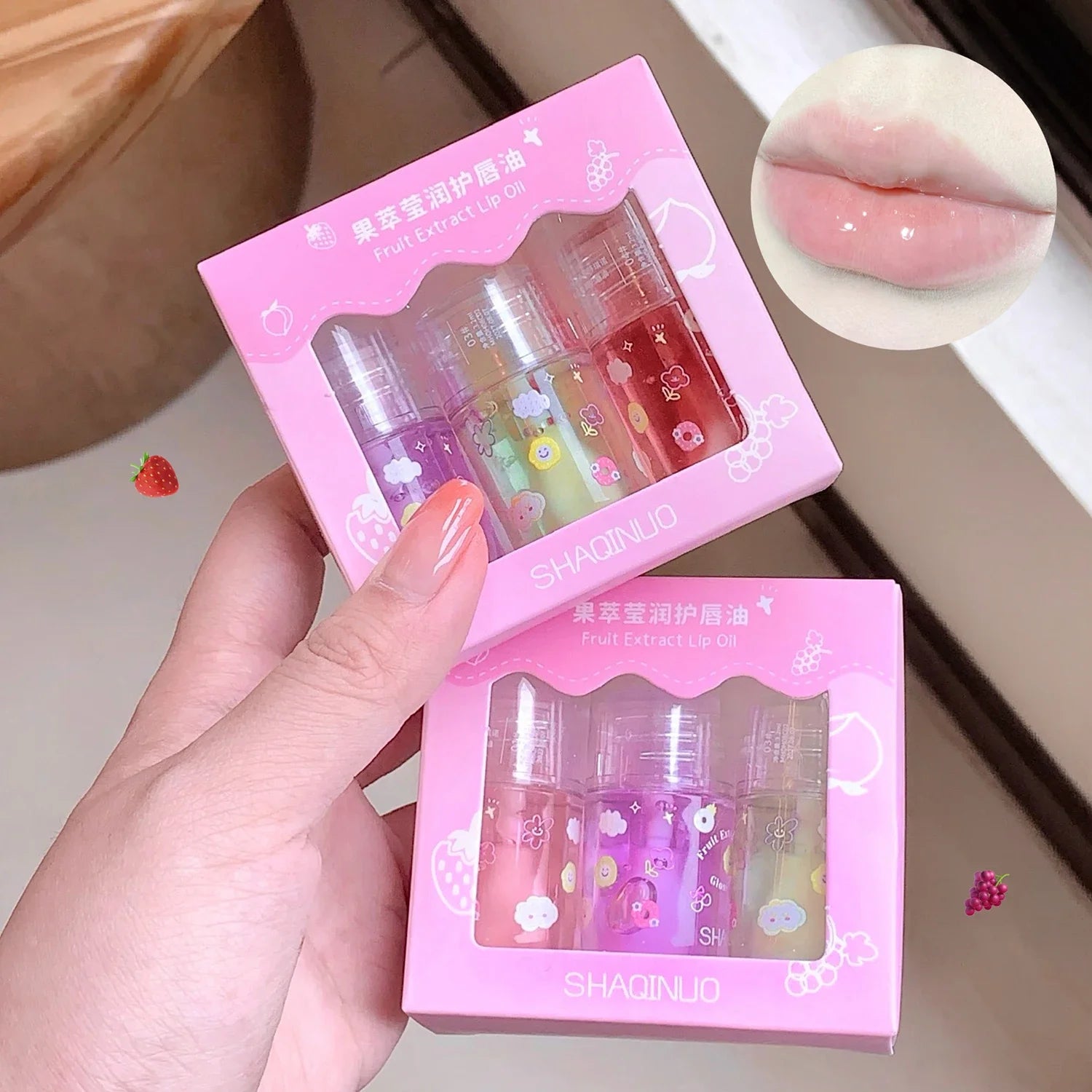 1/3Pcs Fruit Lip Oil Set Transparent Jelly Mirror Water Lip Gloss Nourishing Moisturising Anti-Dry Lips Plumping Makeup Lip Care