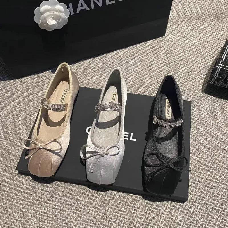 Square Toe Flat Shoes for Women Rhinestone Spring Autumn 2025 New Ballet Shoes Mary Jane Shoes for Women Big Size 42 43 44
