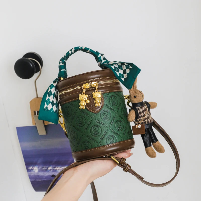 cute bear design crossbody bags for women,mellifluous women's handbag,knurling cylindrical shoulder purse,Girl handbag purse