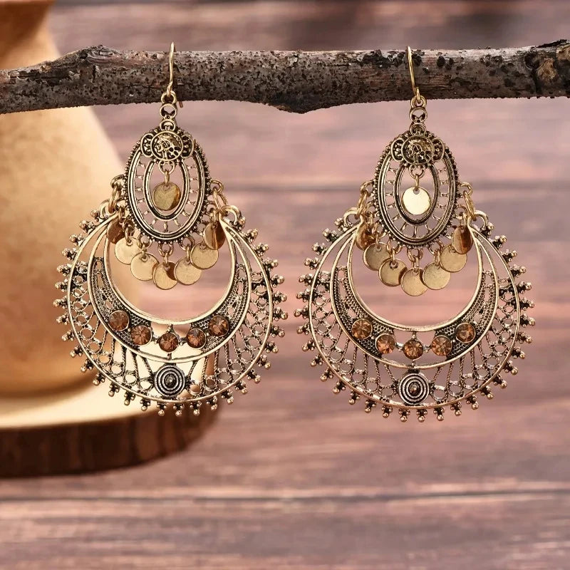 New Retro Originality Exaggerated Hollow Palace Style Round Earrings Bohemian Fashion Women's Festival Party Accessories Jewelry