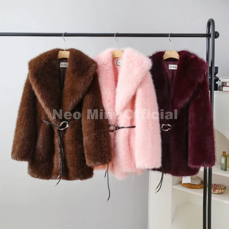 Neo Mint 2025 Winter Hot Brown Belted Faux Fur Coat Women Thick Warm Long Fox Fur Jacket Chic Brand Fashion Girls Furry Overcoat