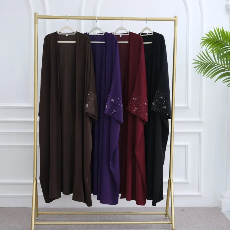 Luxury Dubai Abaya with Beaded Bow Modest Dress for Muslim Women Elegant Open Front Cover Cardigan Fashion Plain Turkey Outfit