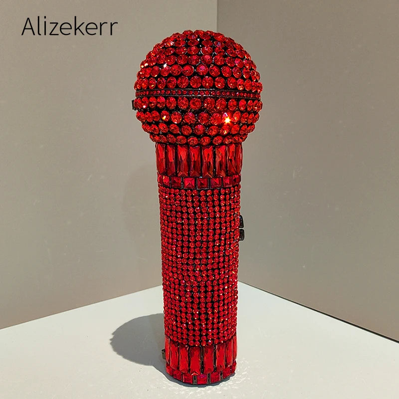 Alizekerr Microphone Shaped Rhinestone Evening Bags Women Gorgeous Unique Diamond Metal Clutch Purses And Handbags Wedding Party
