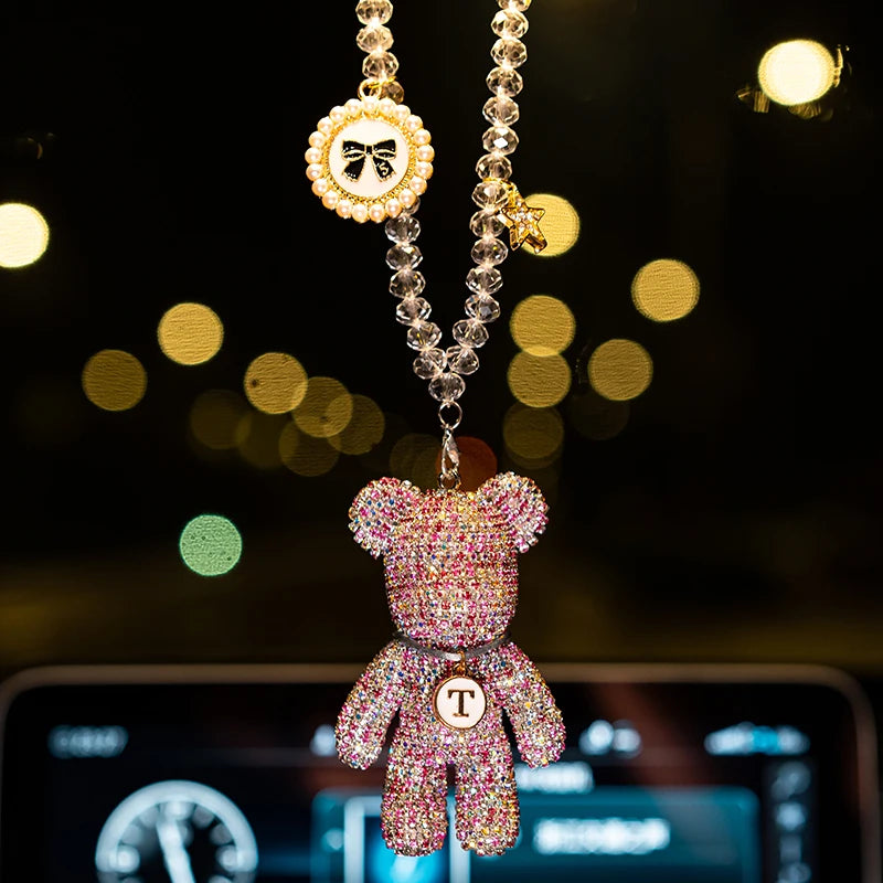 Cartoon Bear Bow Crystal Diamond Car Pendant Mirror Hanging Ornaments Bling Auto Interior Decoration for Men Women