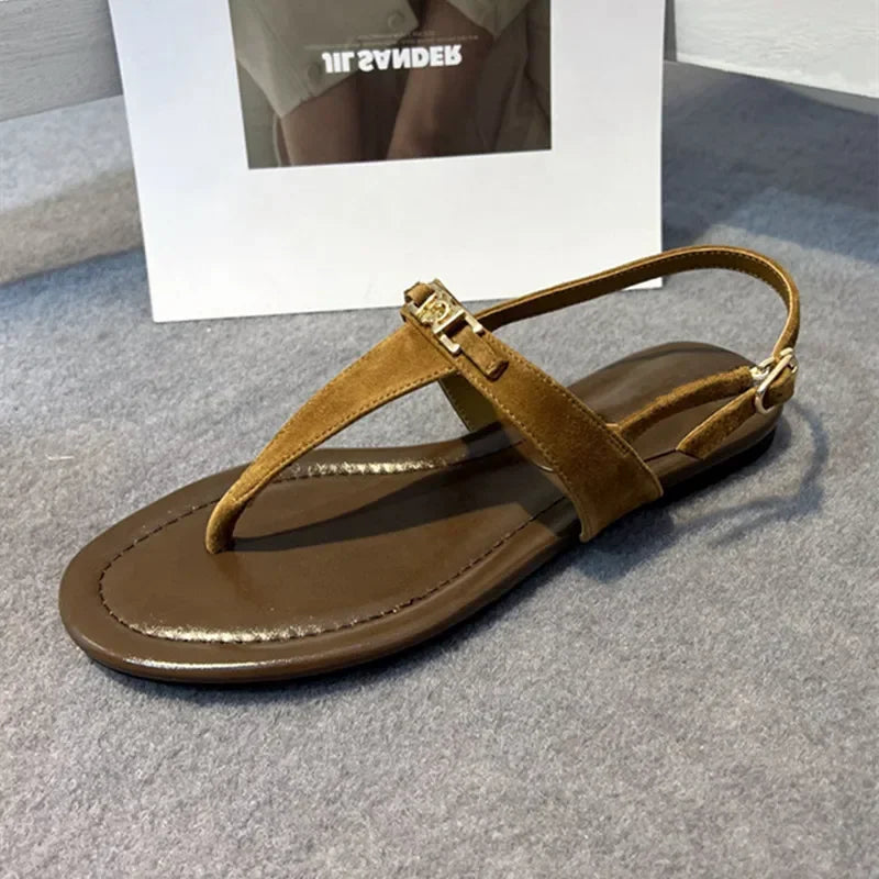 Genuine Leather Retro Clip Toe Roman Sandals Women Summer Fashion Flat Shoes Sexy T-Strap Flip Flops Casual Beach Slippers Women