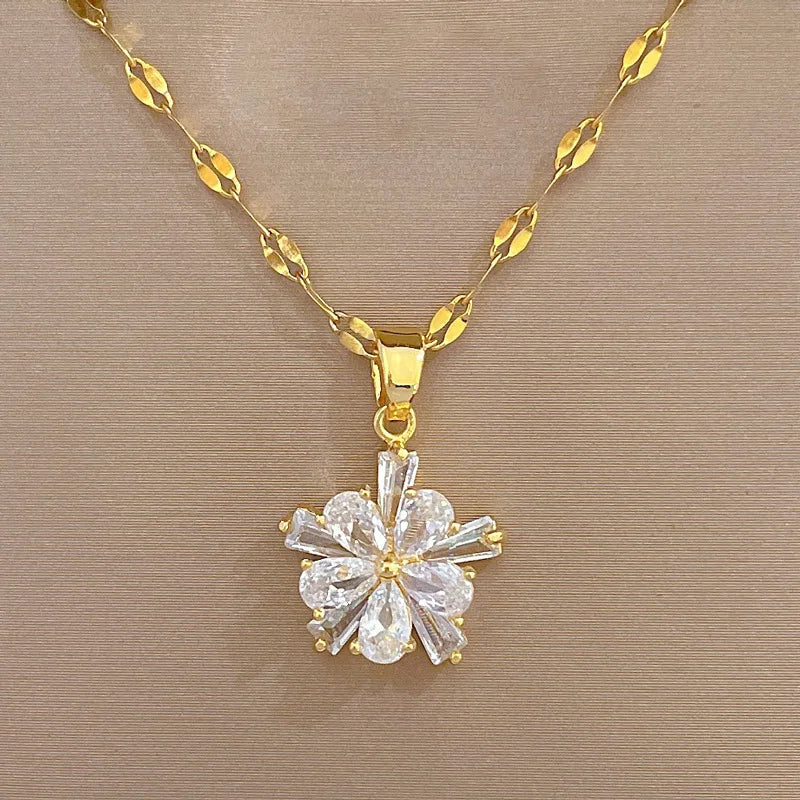 DIEYURO 316L Stainless Steel Lovely White Crystal Flower Charm Necklace Earrings For Women Girl New Trendy Jewelry Set Gift