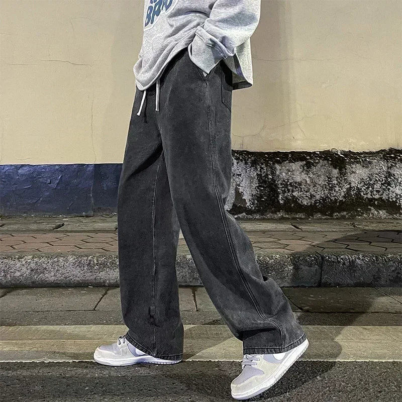 2025 Men's Jeans Korean Version Student Casual Pants High Street Straight Loose Wide Leg Jeans Black Grey Blue Baggy Jeans
