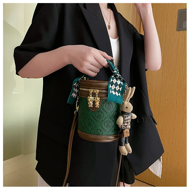 cute bear design crossbody bags for women,mellifluous women's handbag,knurling cylindrical shoulder purse,Girl handbag purse