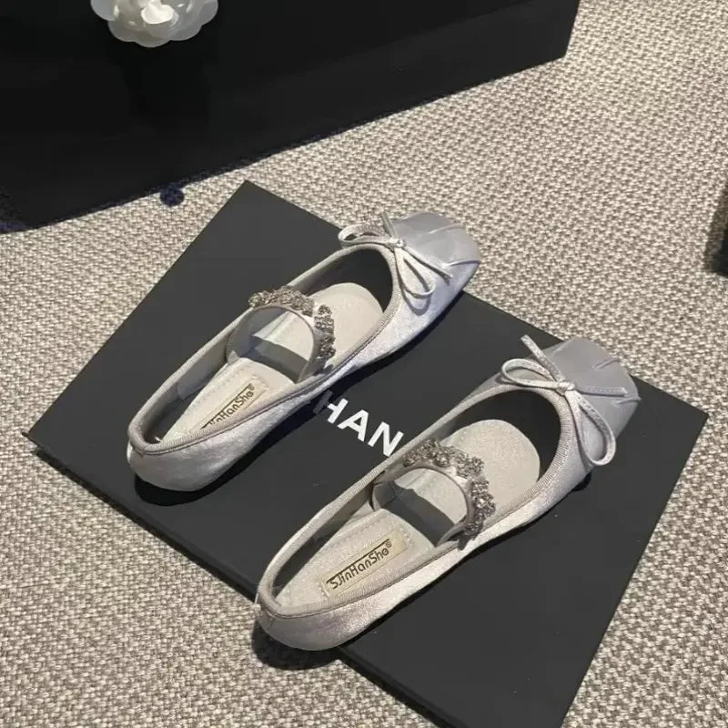 Square Toe Flat Shoes for Women Rhinestone Spring Autumn 2025 New Ballet Shoes Mary Jane Shoes for Women Big Size 42 43 44