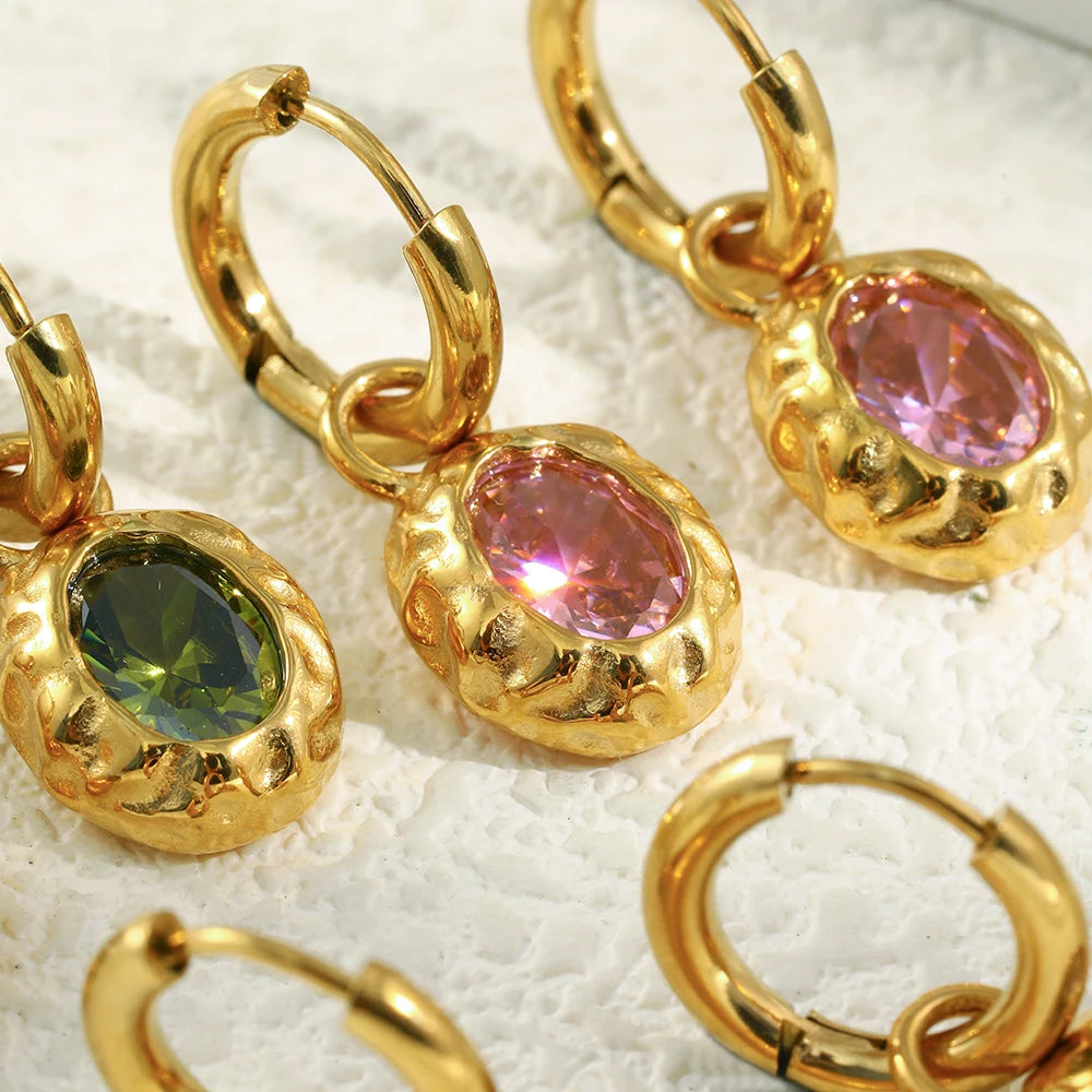 E.B.belle Colorful Zircon Stone Hoop Earring Hammered Pattern Oval Earrings Stainless Steel Gold Plated For Women's Gift