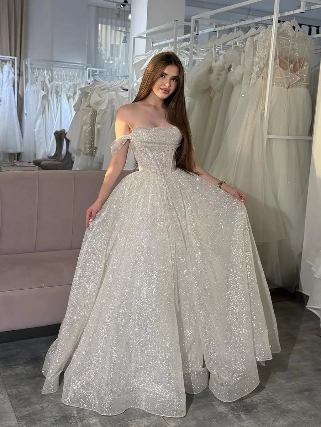 Glitter Off the Shoulder Tulle Evening Dresses Boat-neck A-line Ruched Plain Prom Dress Luxurious Long Formal Party Ball Gowns