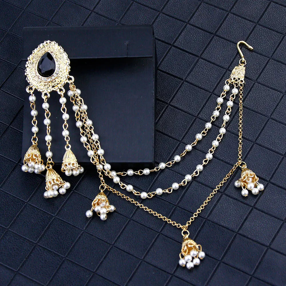 Sunspicems Fashion Indian Earring Link Headdress Jewelry Handmade Bead Chain With Metal Pendant Gold Color Bridal Bijoux Gift