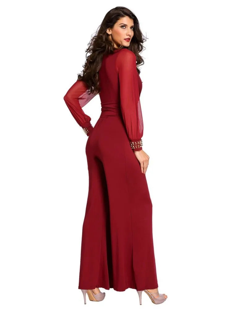 Fashion Deep V-neck Long-sleeved Waist Jumpsuit For Women Elegant Solid Color Lace Lantern Sleeves Loose Casual Jumpsuit Female