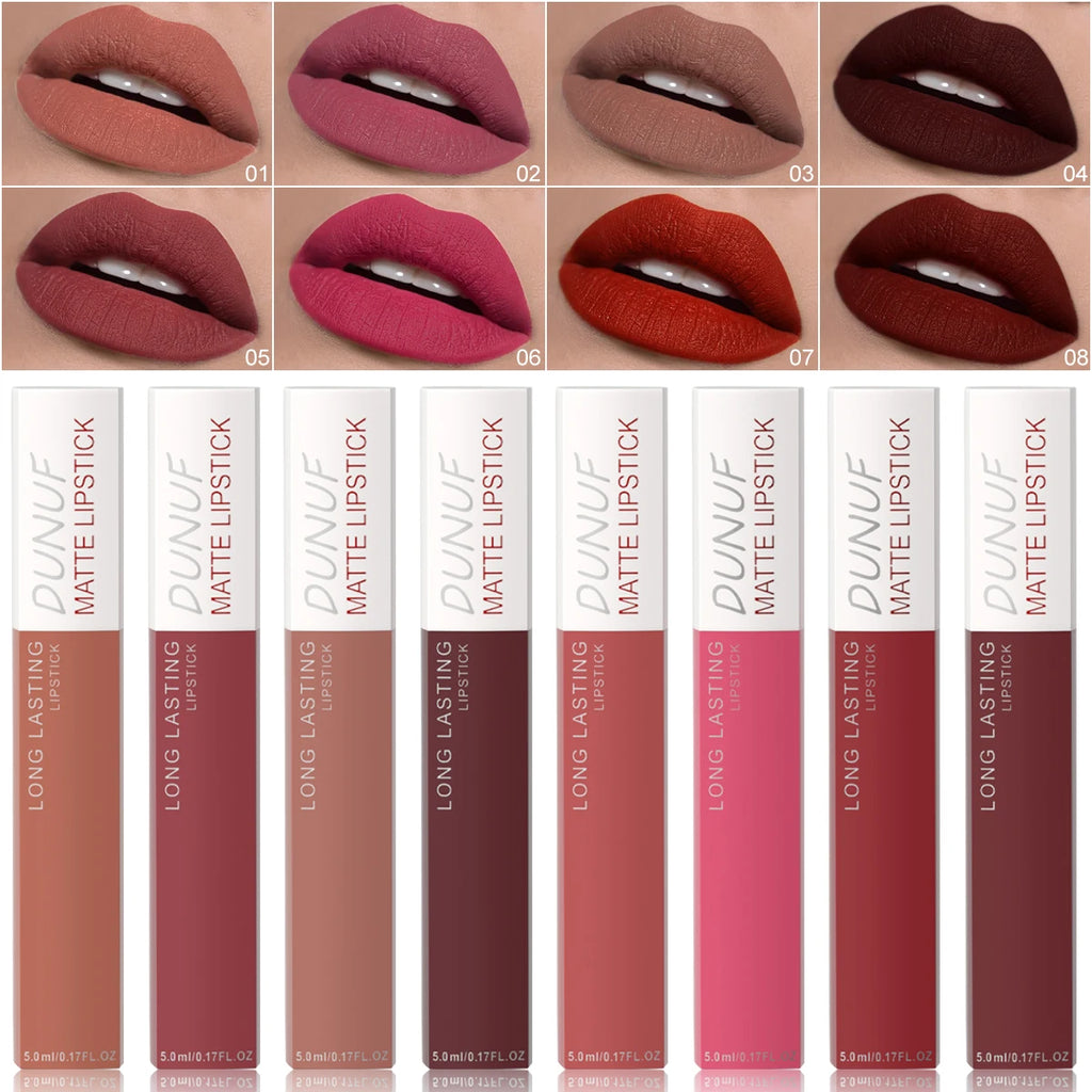 DUNUF 8 pcs matte color lasting lip gloss set three-dimensional plastic lips waterproof anti-sweat non-stick cup lipstick set