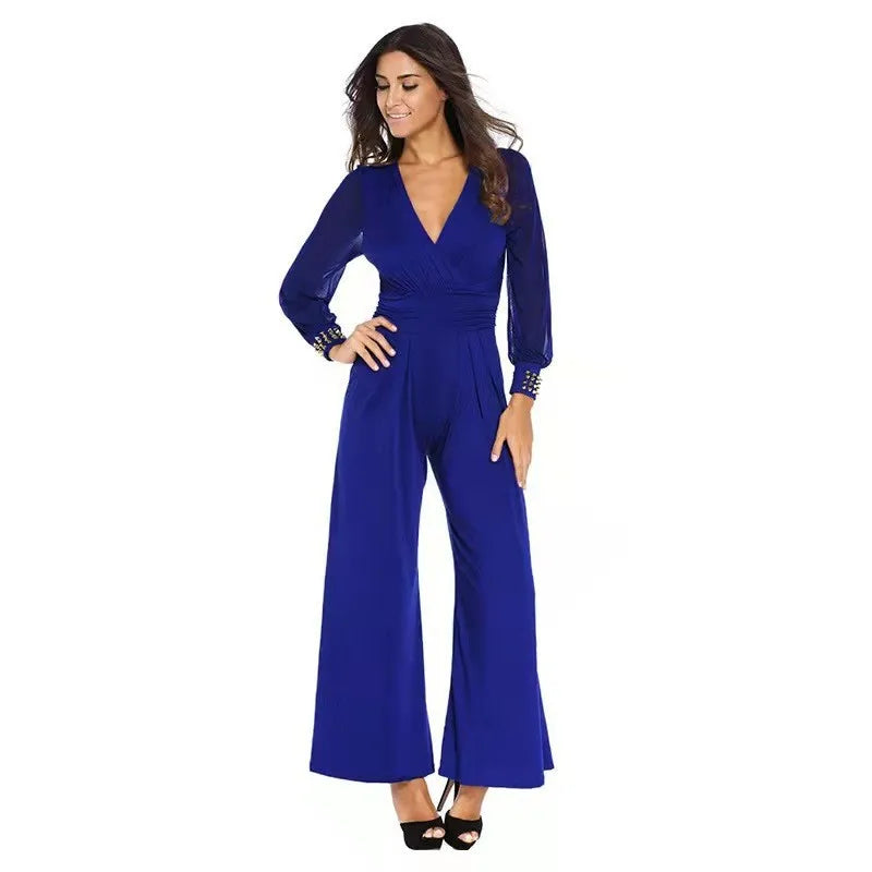 Fashion Deep V-neck Long-sleeved Waist Jumpsuit For Women Elegant Solid Color Lace Lantern Sleeves Loose Casual Jumpsuit Female