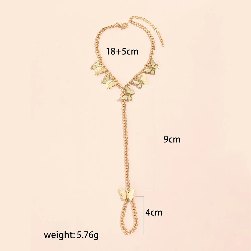Simple Heart Pendant Chain Bracelet Link Connected Gold plated Wide Finger Ring Bracelets for Women Link Hand Harness Jewelry