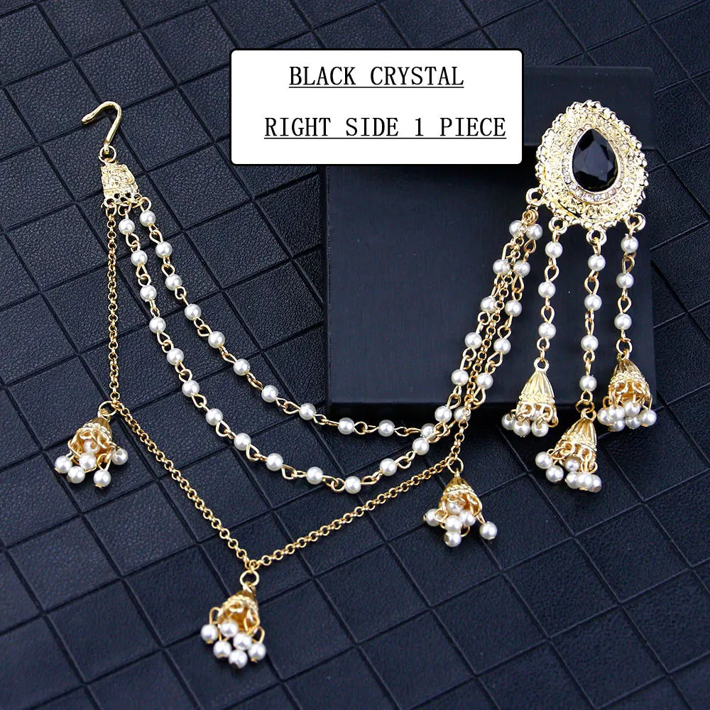 Sunspicems Fashion Indian Earring Link Headdress Jewelry Handmade Bead Chain With Metal Pendant Gold Color Bridal Bijoux Gift