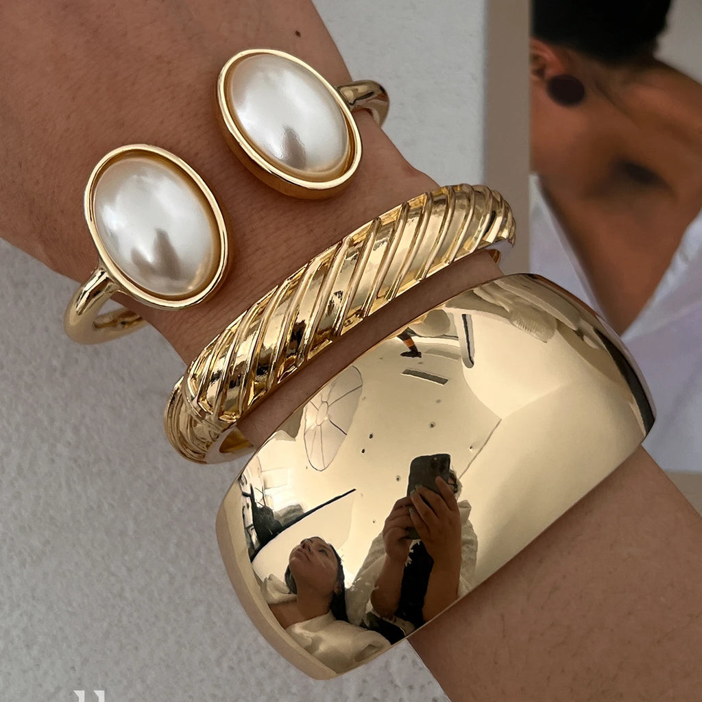 Ingemark Exaggerated Punk Smooth Heavy Metal Chunky Spring Bangles Women Hip Hop Gold Color Arm Bracelet Steampunk Men Jewelry
