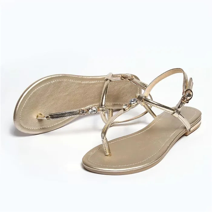 FOREADA Women Shoes Summer Sandals Genuine Leather Crystal Flat Shoes Buckle Open Toe T-Strap Sandals Ladies Gold Plus Size 3-12