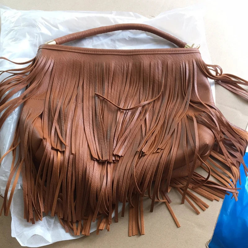 Boho Style Tassels Crossbody Bag for Women 2025 Large Capacity Casual Fringes Shoulder Bag  Zipper Large Capacity Soft Leather