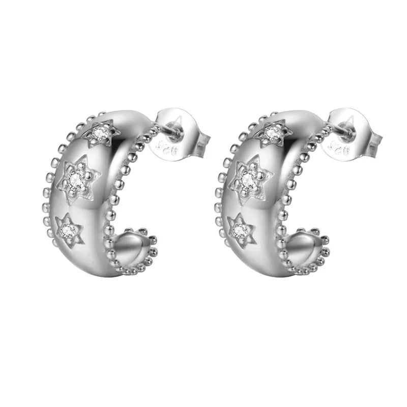 Vintage Stainless Steel Zircon Star Hoop Earrings for Women French Design 18K Gold Plated Chain Earring Punk Unisex Rock Jewelry